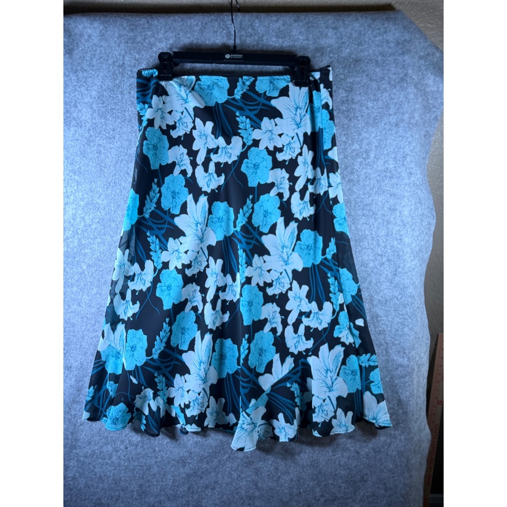 Notations Womens Blue Floral Chiffon Midi Skirt Black Turquoise Size M MSGK0003